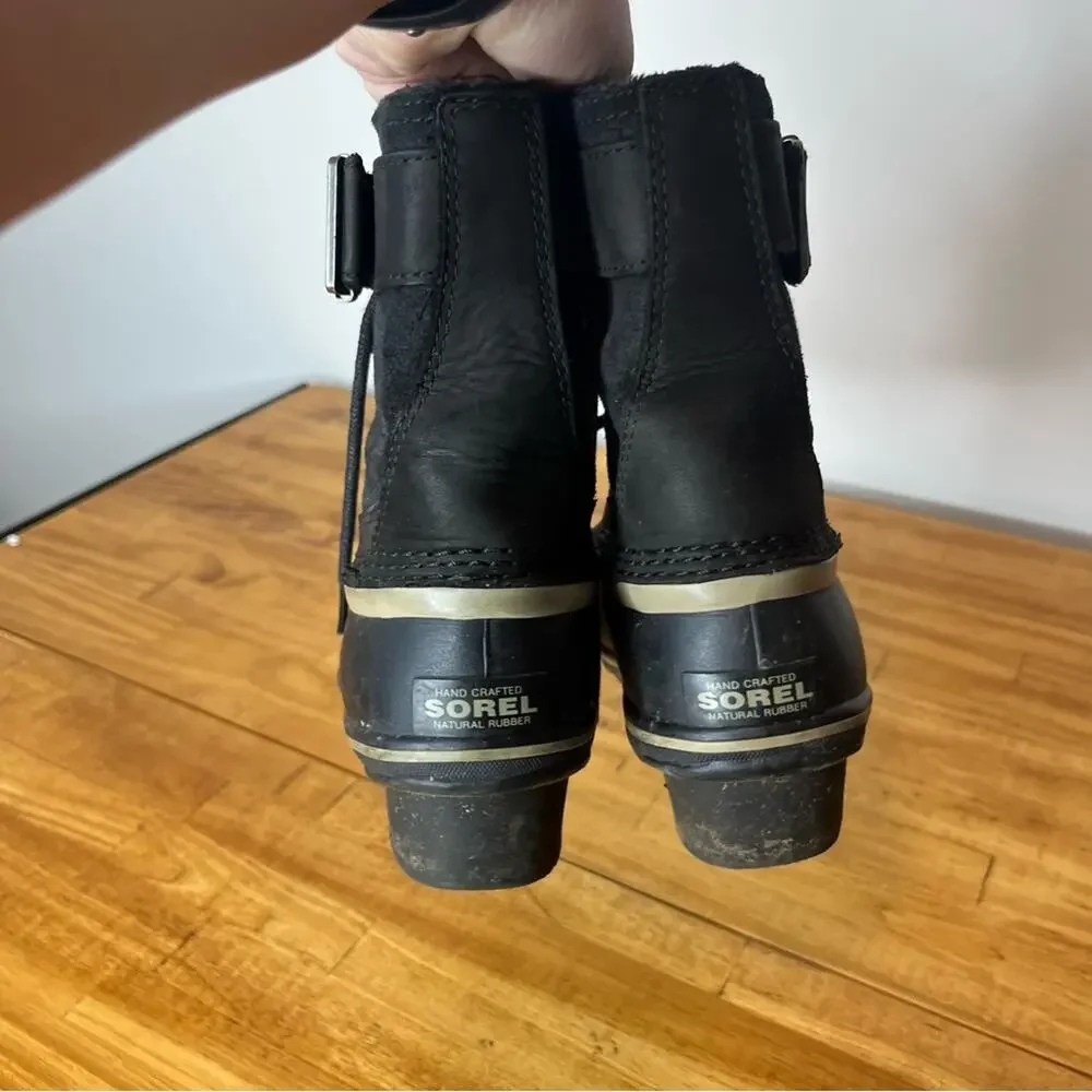 Sorel Fancy Lace Black Leather Lace Up Winter Duck Boots Size 6